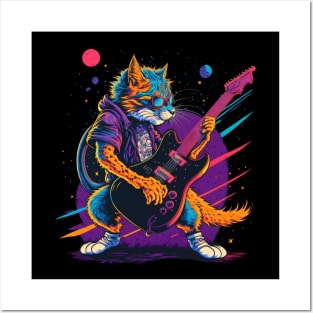 Retrowave Rockstar Cat Posters and Art